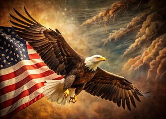 Naklejka premium Majestic Bald Eagle Soaring with American Flag - Vintage Photography