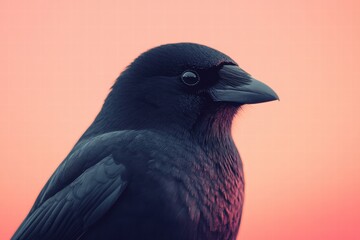 Profile of a Black Bird Against a Colorful Sunset Background