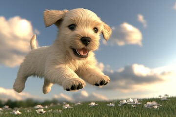 Playful Puppy in Mid-Air over a Flower-Filled Meadow, Capturing the Joy and Energy of Youthful Dogs in a Beautiful Outdoor Setting