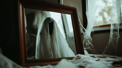 Ghost figure reflection in vintage mirror with cobweb. Horror movie concept