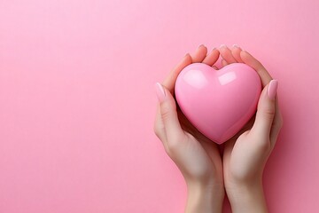 Fototapeta premium A soft pastel pink heart held delicately, perfect for Valentine's Day, love-related promotions, and emotional wellness themes in modern design.