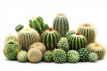Diverse Collection of Green Cacti on White Background Display