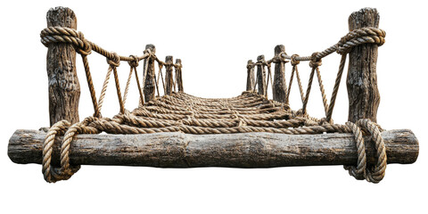 Naklejka premium Rustic Wooden Bridge with Rope Details Isolated on transparent background