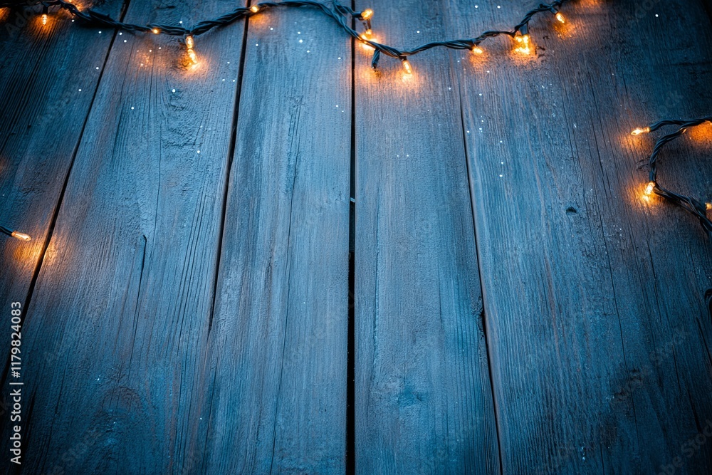 Poster rustic wooden background with warm glowing fairy lights creating a cozy and inviting atmosphere for 