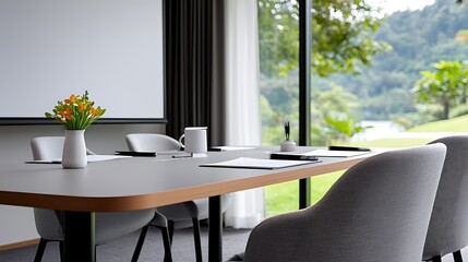 Modern meeting room with large window overlooking scenic landscape.