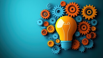 Innovative Ideas Bright Lightbulb with Interlocking Gears Teamwork Concept