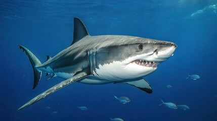 Obraz premium Great white shark underwater, swimming, open mouth, sharp teeth, ocean, blue water, wildlife.