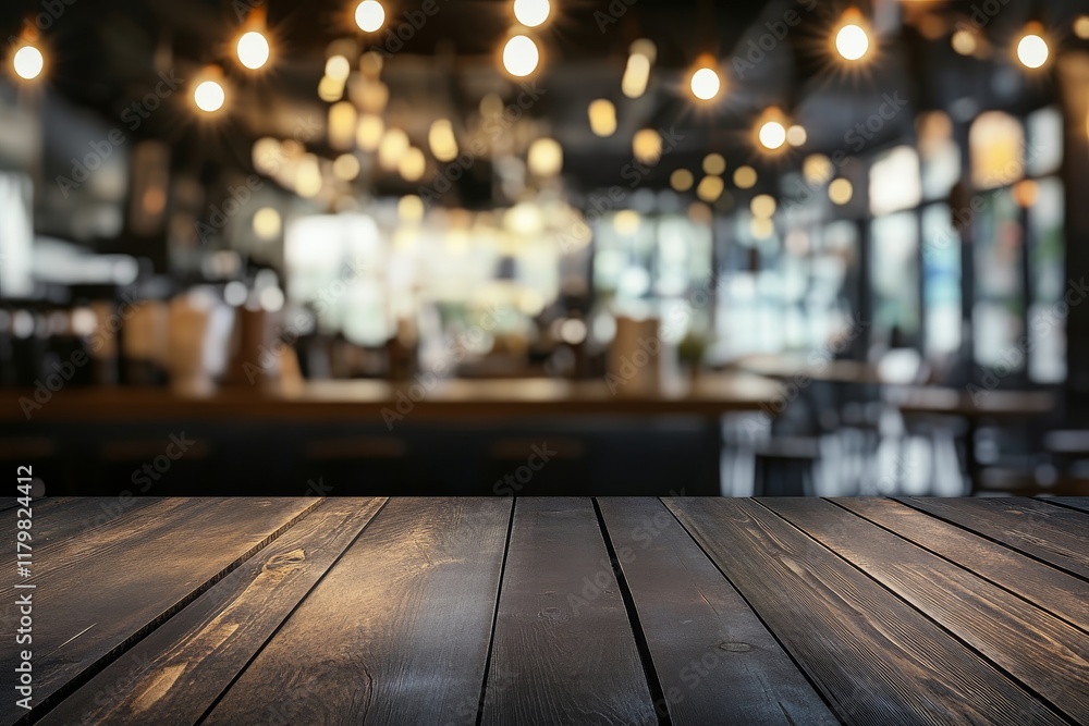 Poster rustic wooden table surface with blurred background of modern cafe interior and warm ambient lights 