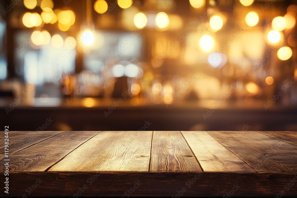 Aufkleber rustic wooden table surface with warm blurred background lights in a cozy bar setting for an invitin