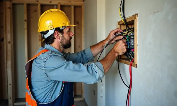 A construction worker focused on installing electrical wiring in a building under construction, showcasing precision and safety