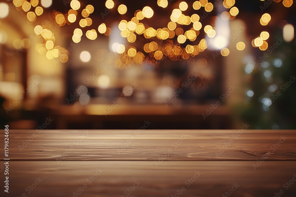 Poster rustic wooden table with warm bokeh background in a cozy cafe setting featuring glowing lights and i