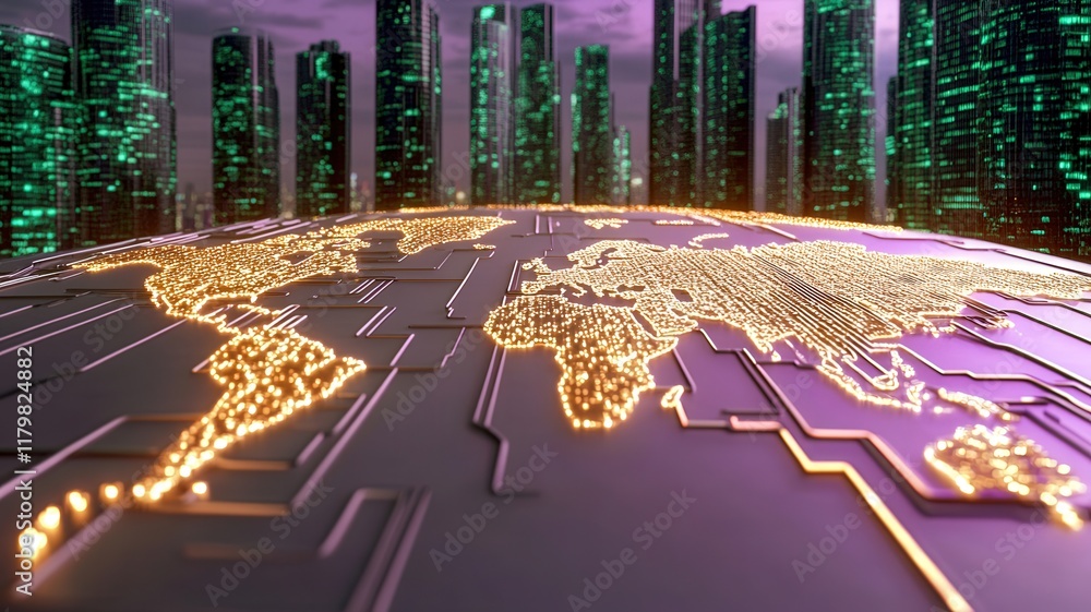 Poster a futuristic, illuminated map of the world overlaid with circuit patterns, set against a backdrop of