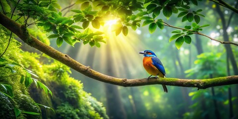 Majestic Bird Perched on Branch, Aerial Drone Forest Photography