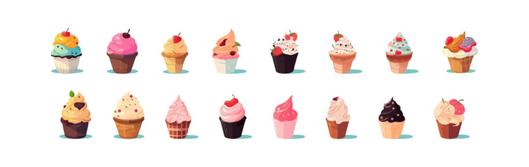 An illustration of various ice cream desserts in cones and cups, featuring vibrant flavors, toppings, and designs, perfect for summer or food-related themes.