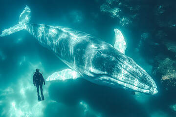 Naklejka premium Mesmerizing underwater encounter with giant whale and diver