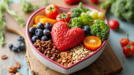 vibrant photo showcasing a heart shaped bowl filled with nutritious diet foods