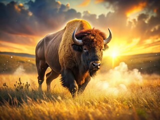 Majestic Bison Running Across Tan Plains - Generative AI Art