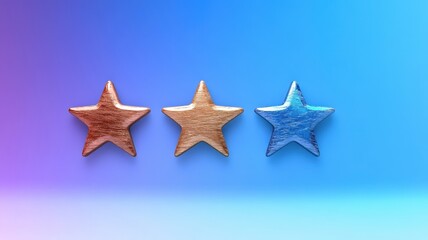 Obraz premium Three stylized stars in gold, silver, and blue against a gradient background, representing ratings or achievements.