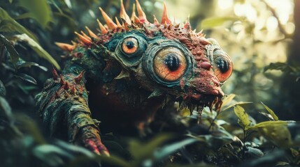 Fototapeta premium A bizarre, spiky creature with large eyes lurks in lush foliage.