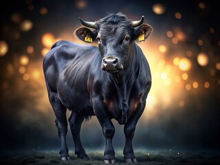 Majestic Black Angus Cow Isolated, Night Photography, White Background