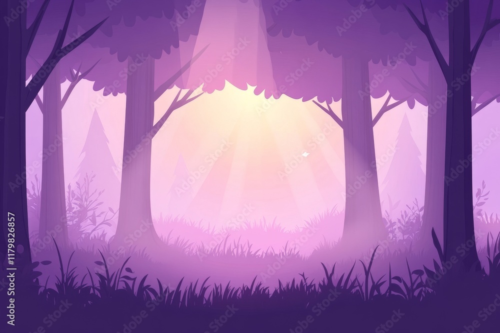 Poster serene landscape in a purple forest with soft light filtering through trees and misty atmosphere for