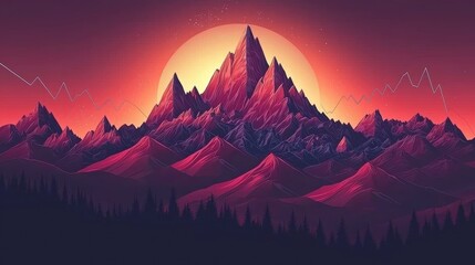 Dramatic Sunset Over Majestic Mountains Red Hues Artistic Landscape Illustration