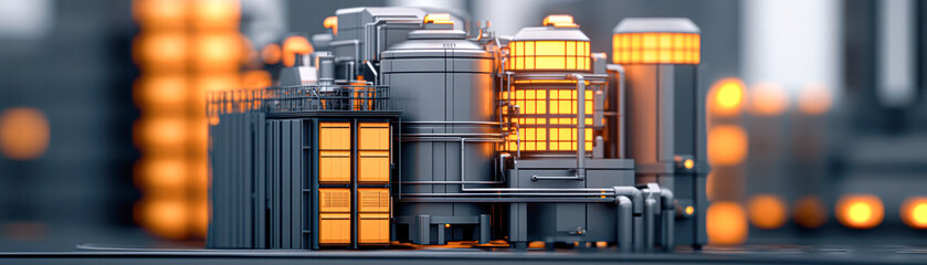 Futuristic industrial facility in urban setting aerial 3d design overview