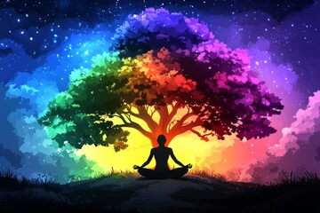 Serene Meditation Under a Colorful Tree Surrounded by Stars and Cosmic Vibes, Symbolizing Inner Peace, Harmony, and Spiritual Awakening in a Vibrant Universe