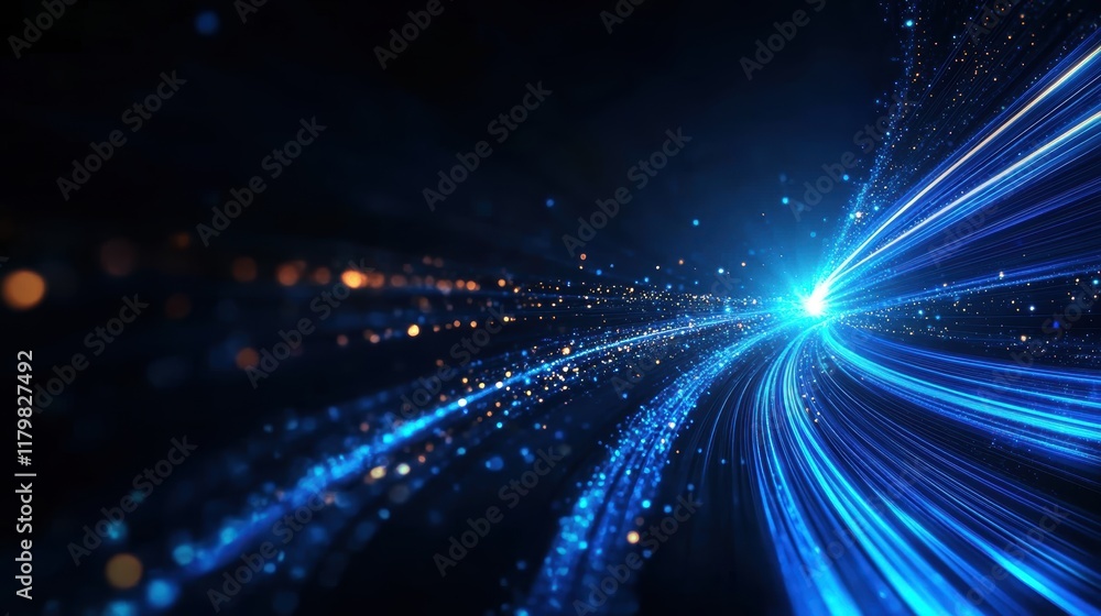 Poster vibrant blue light streaking through a deep dark background creating an ethereal and mystical atmosp