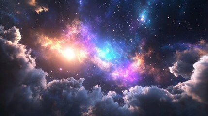 Vibrant Celestial Canvas, a mesmerizing expanse of colorful nebula clouds against a brilliant starry sky in the depths of space