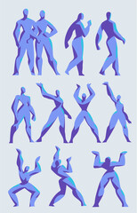 set of male figures in various poses and movements, silhouette figure stick
