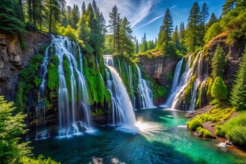 Obraz premium Majestic Burney Falls Waterfall Cascading Down Rocky Cliffs, Abundant Copy Space