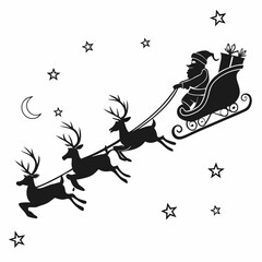 Santa Claus is flying in sleigh with Christmas reindeer. Silhouette of Santa Claus, sleigh with Christmas presents and reindeer Black Silhouette