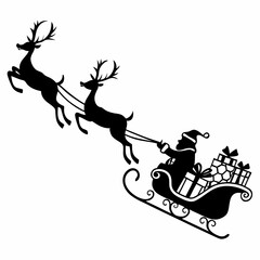 Santa Claus is flying in sleigh with Christmas reindeer. Silhouette of Santa Claus, sleigh with Christmas presents and reindeer Black Silhouette