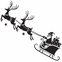 Santa Claus is flying in sleigh with Christmas reindeer. Silhouette of Santa Claus, sleigh with Christmas presents and reindeer Black Silhouette