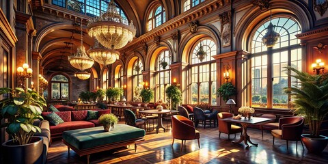 Obraz premium Majestic Cafe Interior: Grand Architectural Design, Luxurious Coffee Shop