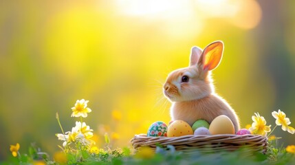 Cute Easter Bunny with Colorful Eggs in Spring Meadow