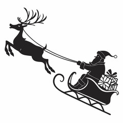 Santa Claus is flying in sleigh with Christmas reindeer. Silhouette of Santa Claus, sleigh with Christmas presents and reindeer Black Silhouette