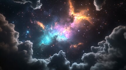 Fototapeta premium Vibrant Cosmic Canvas, an expansive view of a star-filled sky adorned with colorful nebula clouds in the depths of space