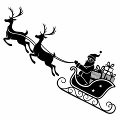 Santa Claus is flying in sleigh with Christmas reindeer. Silhouette of Santa Claus, sleigh with Christmas presents and reindeer Black Silhouette