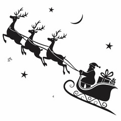 Santa Claus is flying in sleigh with Christmas reindeer. Silhouette of Santa Claus, sleigh with Christmas presents and reindeer Black Silhouette