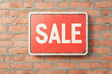 Obraz premium Visual appeal of promotional sale sign on brick wall in urban retail environment