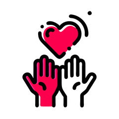 Obraz premium Valentine's Day Charity, Volunteers helping, Hands showing love with heart illustration