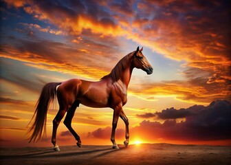 Majestic Chestnut Horse Silhouette at Sunset - Powerful Equine Stock Photo