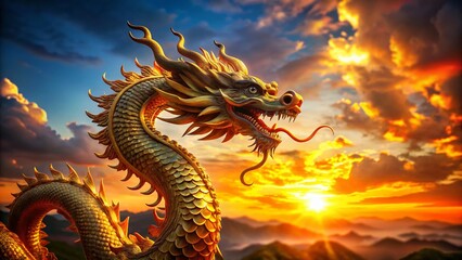 Obraz premium Majestic Chinese Dragon Silhouette at Sunset - 3D Rendered Tilt-Shift Image