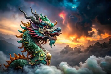 Fototapeta premium Majestic Chinese Dragon Statue: Ancient Symbol of Power and Good Fortune