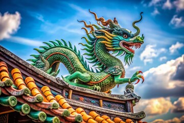 Fototapeta premium Majestic Chinese Dragon Statue Adorning Temple Roof - Candid Photography