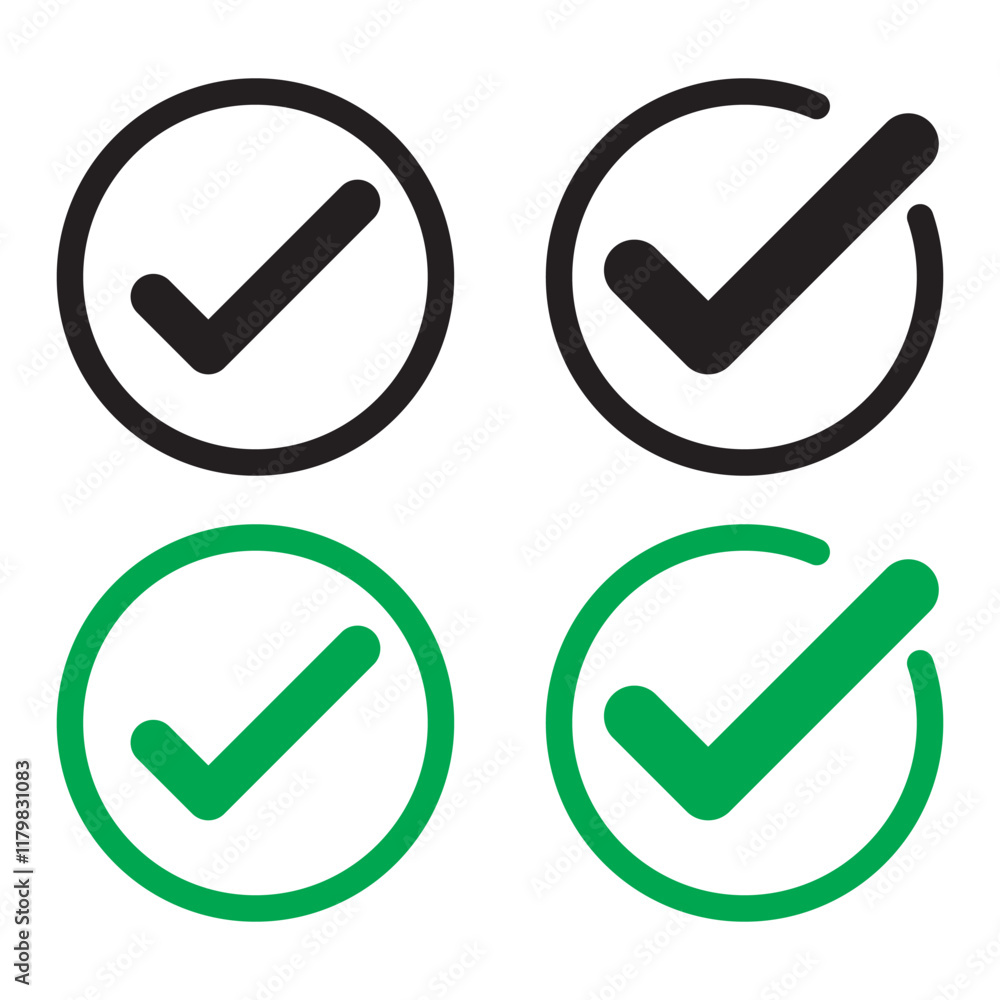 Poster checkmark in circle icon set. checkmark tick icon set. line and glyph check mark
