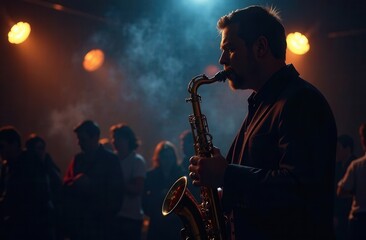 playing saxophone with soft background lights creating a moody effect, during nighttime, ambient lighting highlighting reflections, gentle smoke for added atmosphere