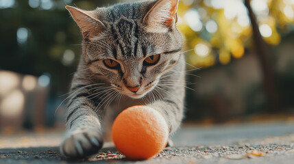Closeup of beautiful cute cat, happy joyful pet playing with a ball in summer or spring sunny park outdoors or outside. animal activity in nature.